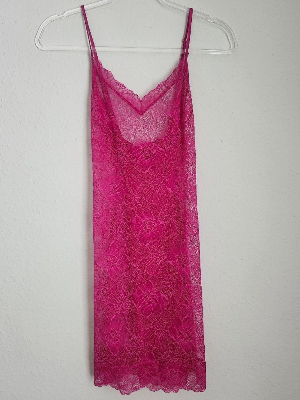 VICTORIA'S SECRET Vibrant Pink Bombshell Sheer Lace Chemise Slip Dress L